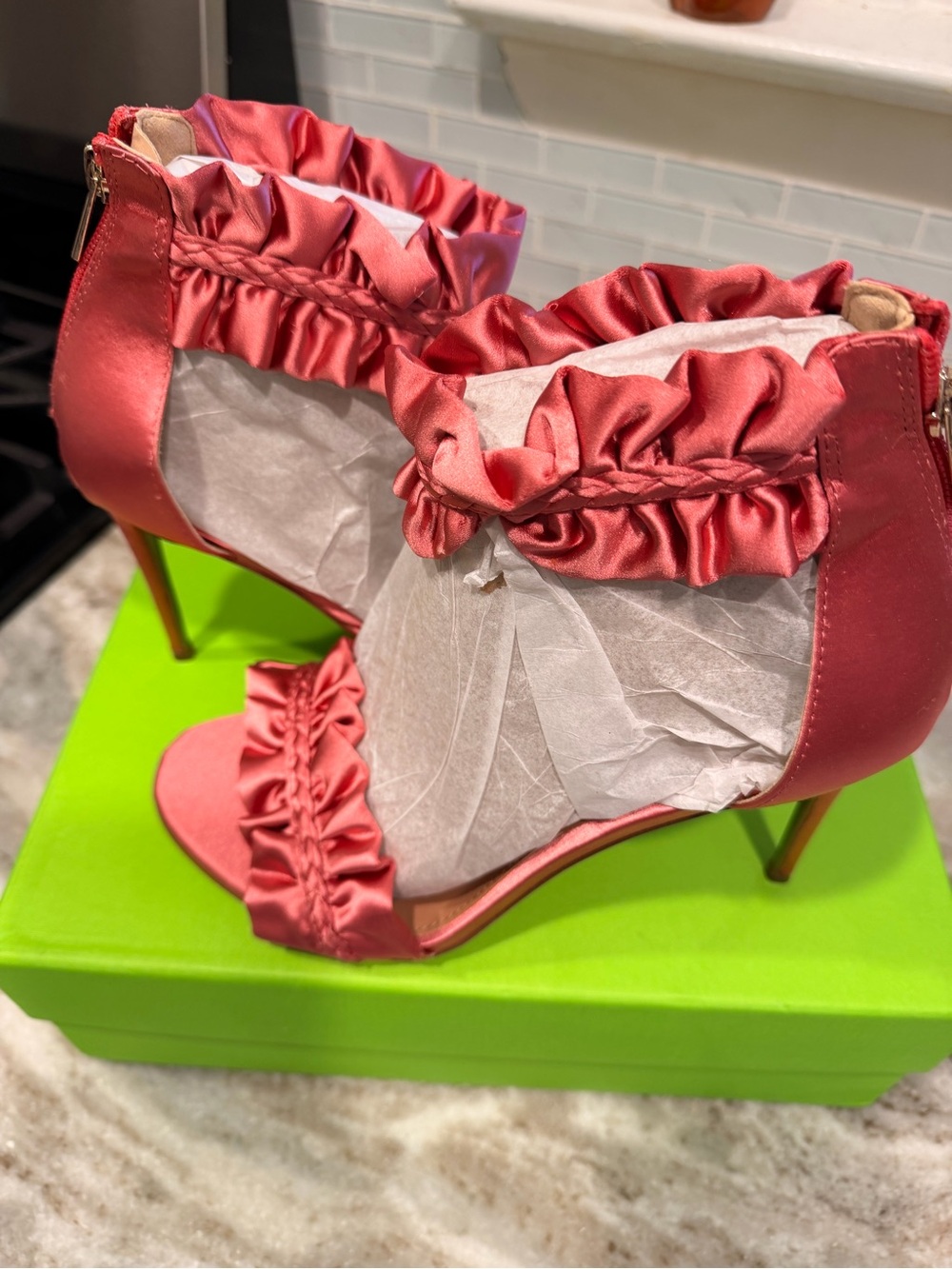 Sam Edelman Ruffled Satin Stiletto Sandals in Rose Pink